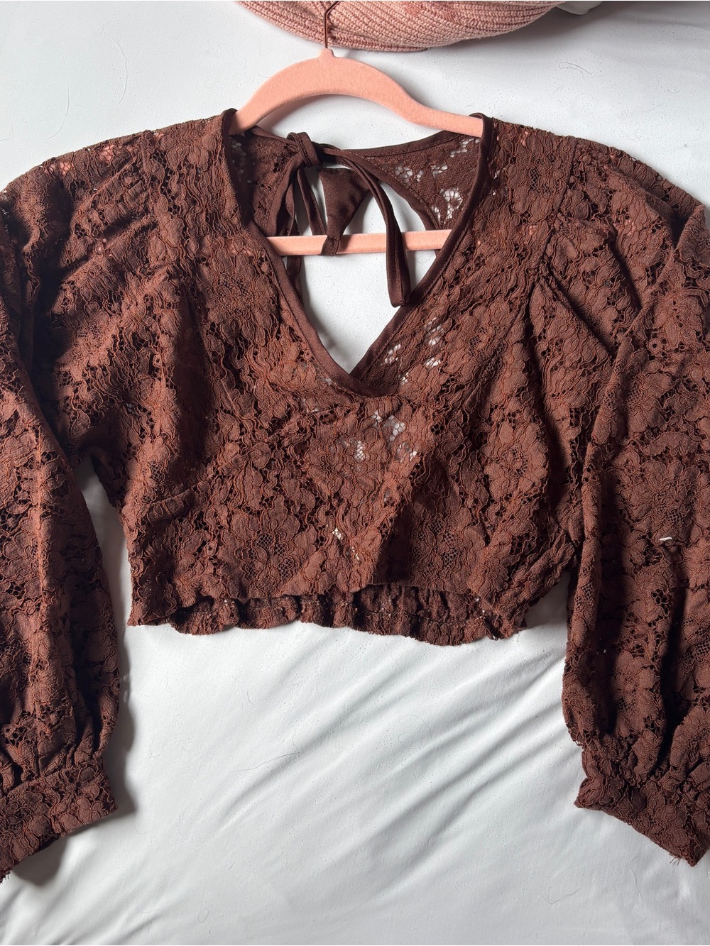 EARTHBOUND Brown Lace V-Neck Tie-Back Crop Top